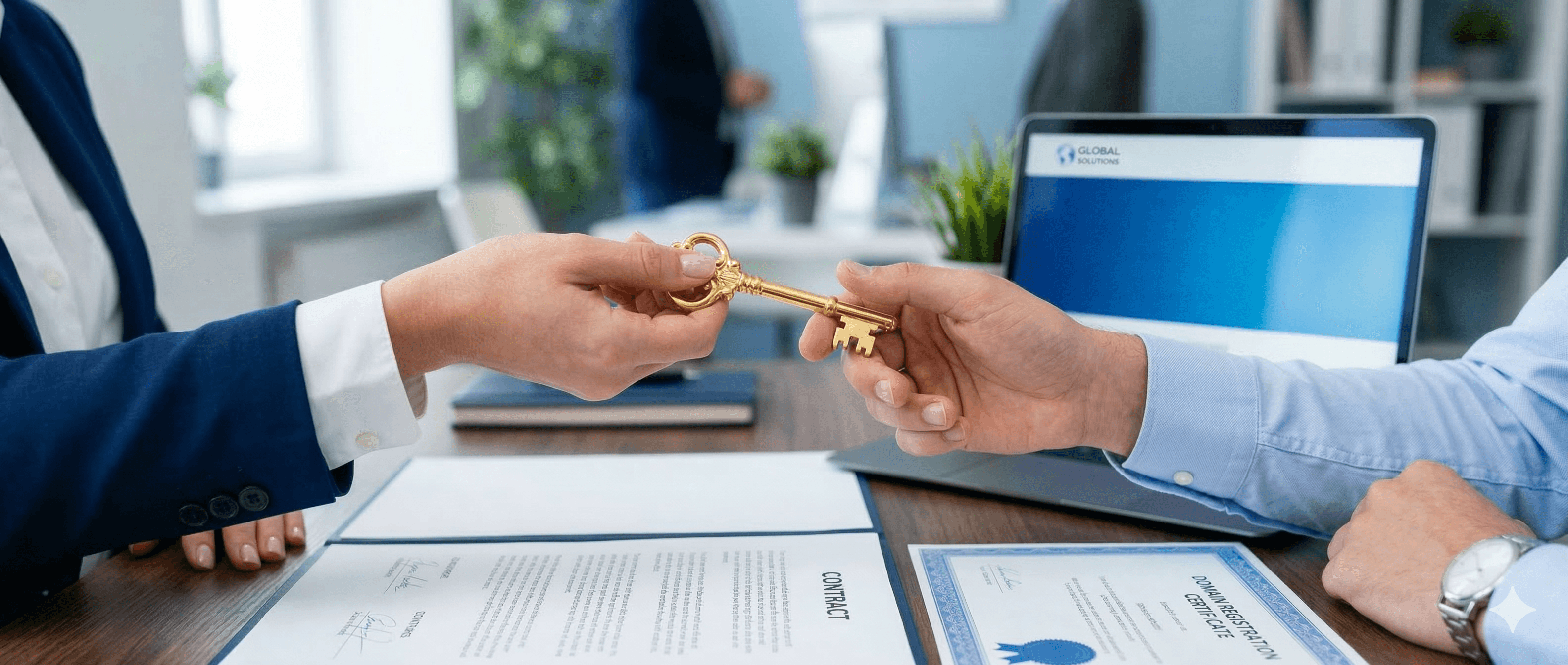 Person reviewing a contract document with a pen, representing website ownership agreements