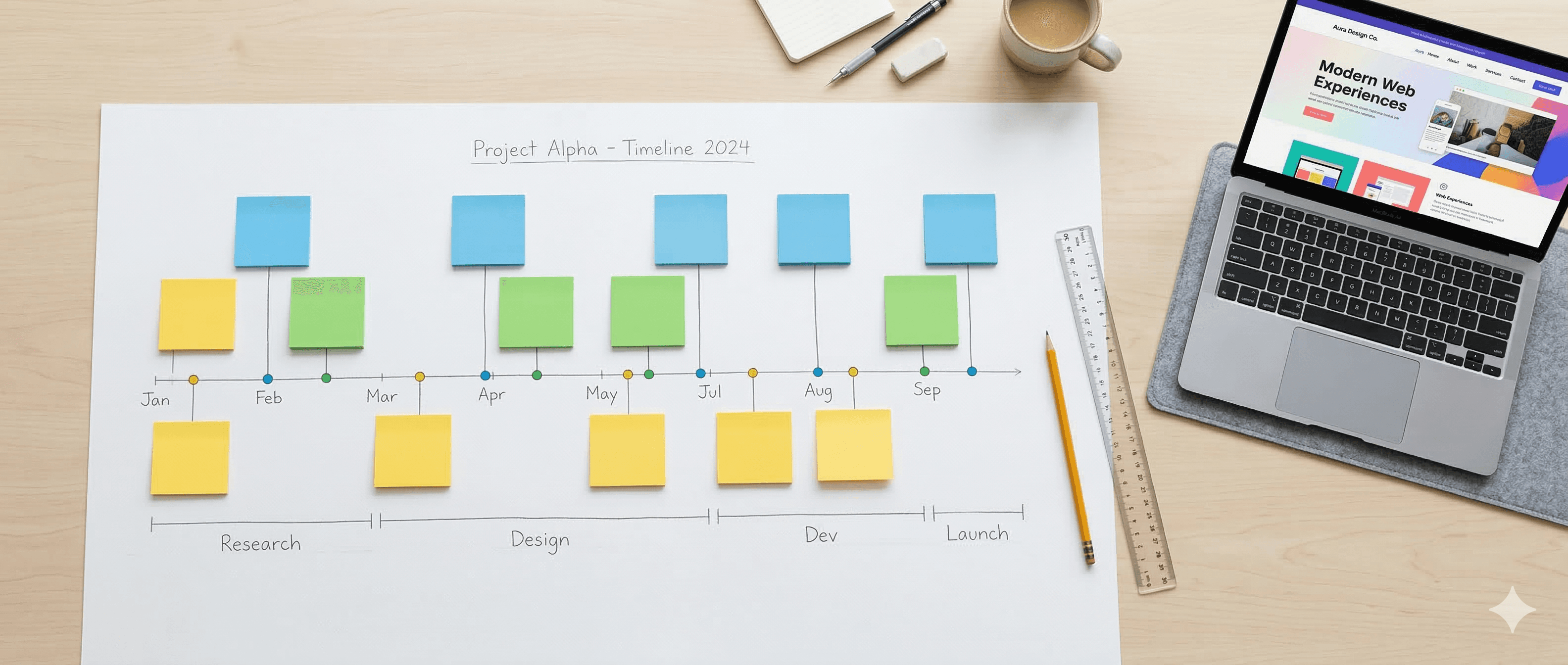 Calendar and planning tools on a desk representing website project timelines